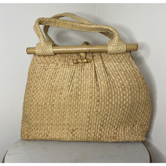VTG Boho Mid-century Natural Straw Raffia Bag Tote Bamboo Accent Summer Beach - Picture 1 of 16